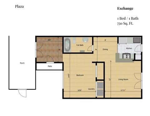 Floor plan for 1 bed, 1 bath, 750 sqft